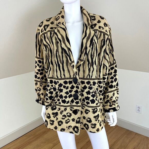 Vintage 90s Fashion Bug Leopard Animal Print Blanket Tapestry Coat Blazer Jacket - Picture 1 of 10